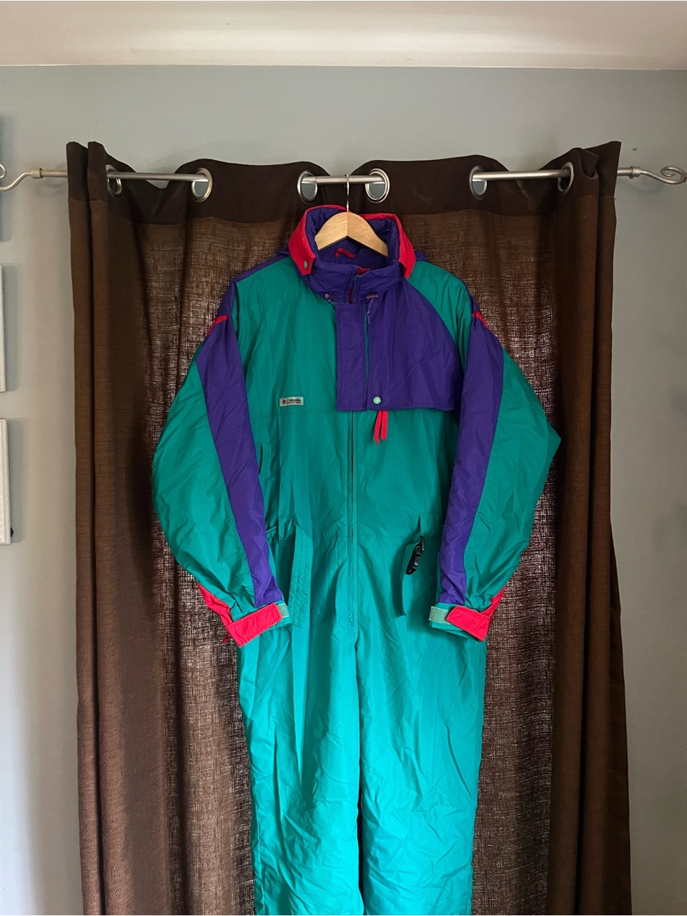 Vintage Teal & Purple Columbia One-Piece Ski Suit with Red Accents